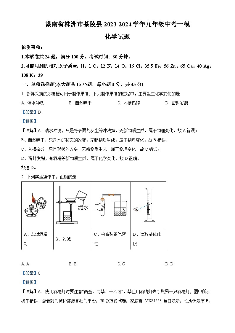 2024年湖南省株洲市茶陵县中考一模化学试题01