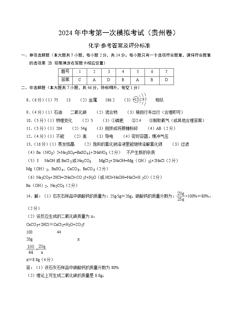 2024年初三中考第一次模拟考试试题：化学（贵州卷）（参考答案及评分标准）01