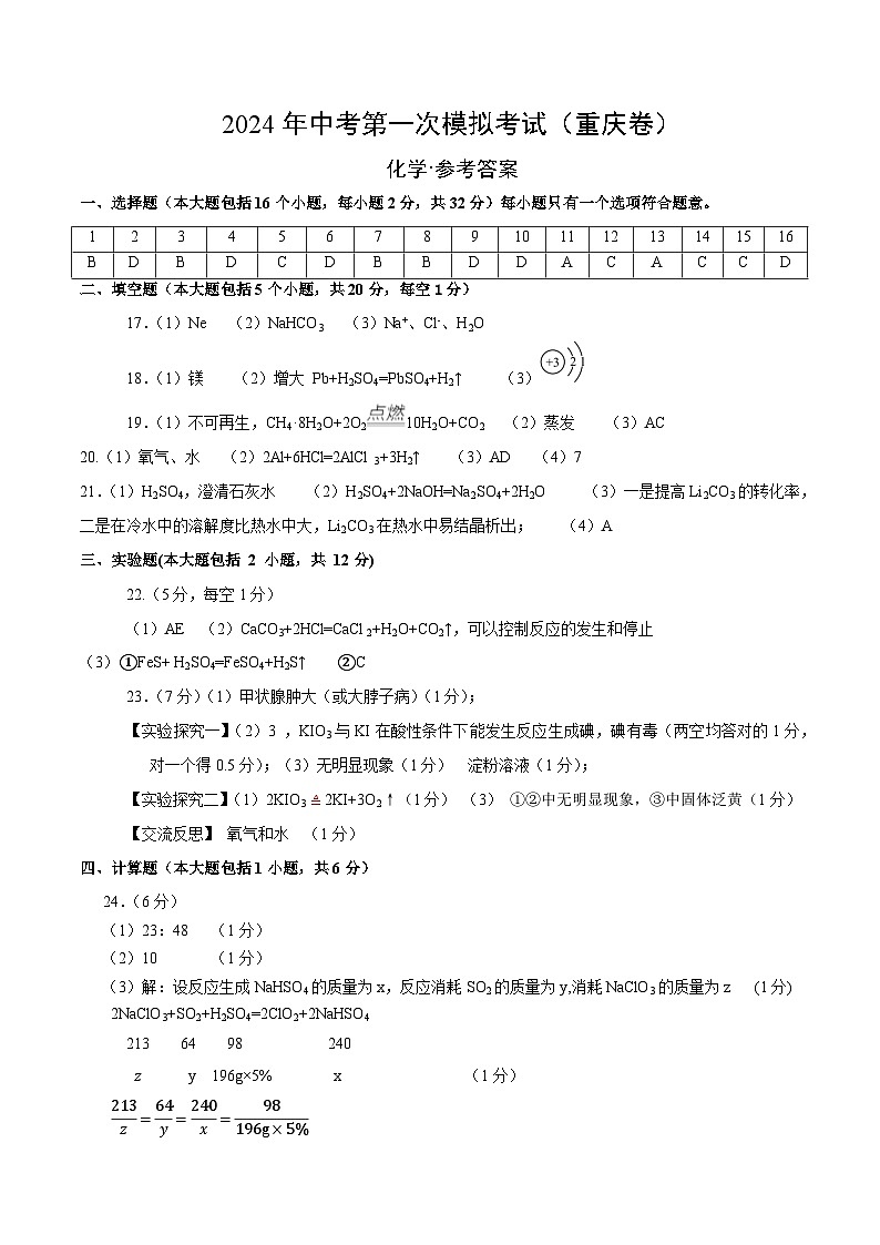 2024年初三中考第一次模拟考试试题：化学（重庆卷）（参考答案及评分标准）第1页
