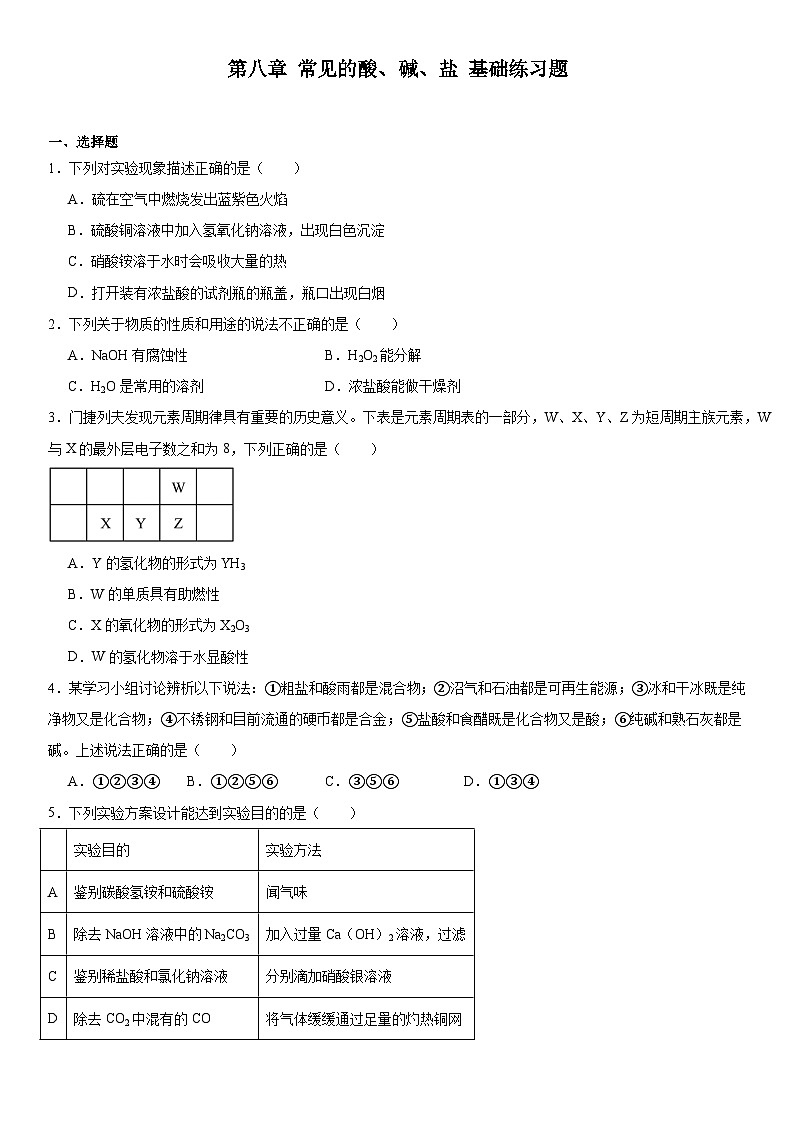第八章常见的酸、碱、盐基础练习题（解析版）-2023-2024学年科粤版（2012）九年级化学下册第1页