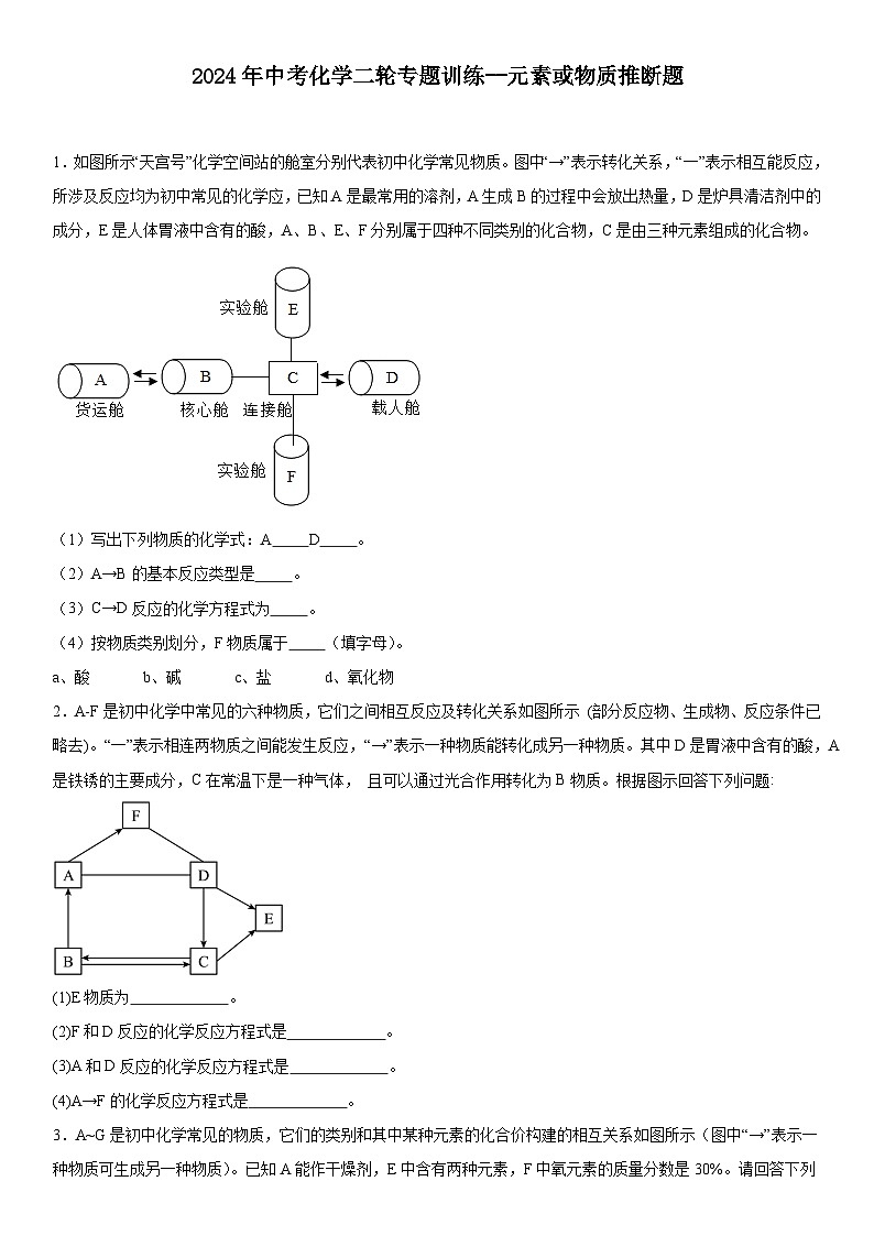 2024年中考化学二轮专题训练-元素或物质推断题（含答案）01