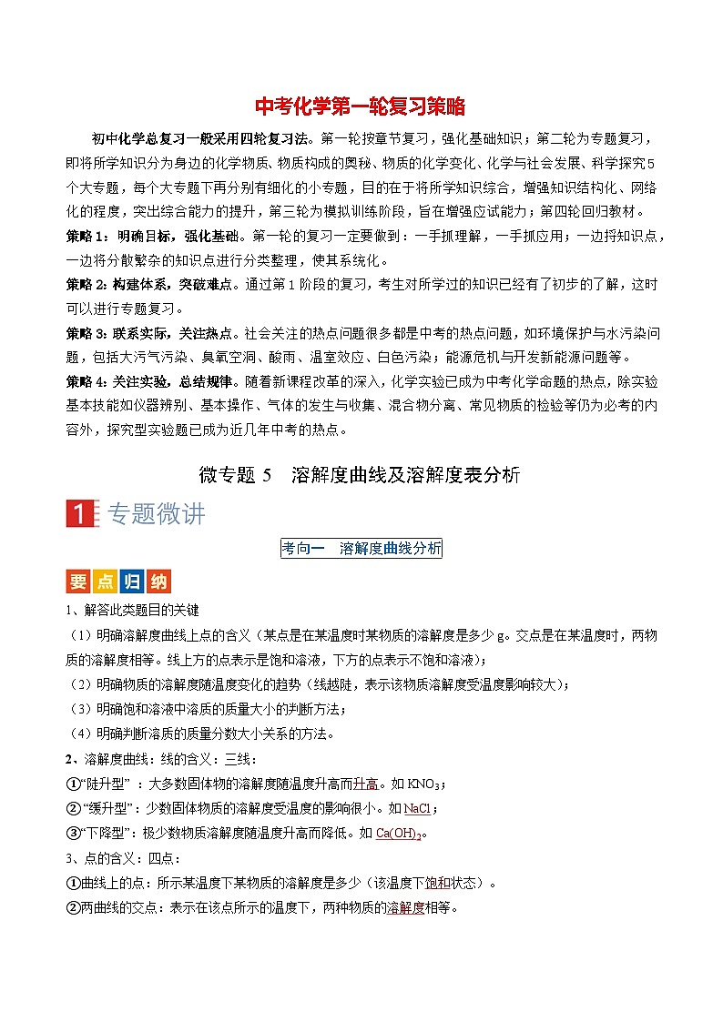 微专题5 溶解度曲线及溶解度表分析-备战2024年中考化学一轮复习考点（人教版）01