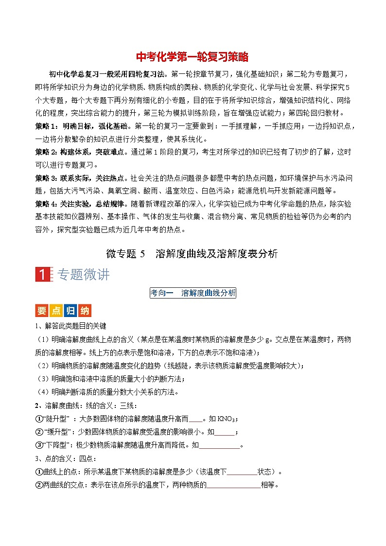 微专题5 溶解度曲线及溶解度表分析-备战2024年中考化学一轮复习考点（人教版）01