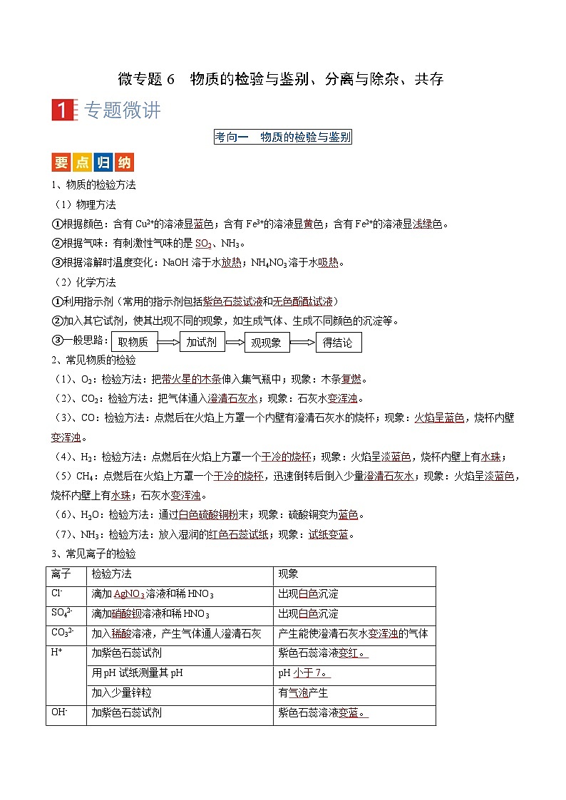微专题6 物质的检验与鉴别、分离与除杂、共存-备战2024年中考化学一轮复习考点（人教版）01