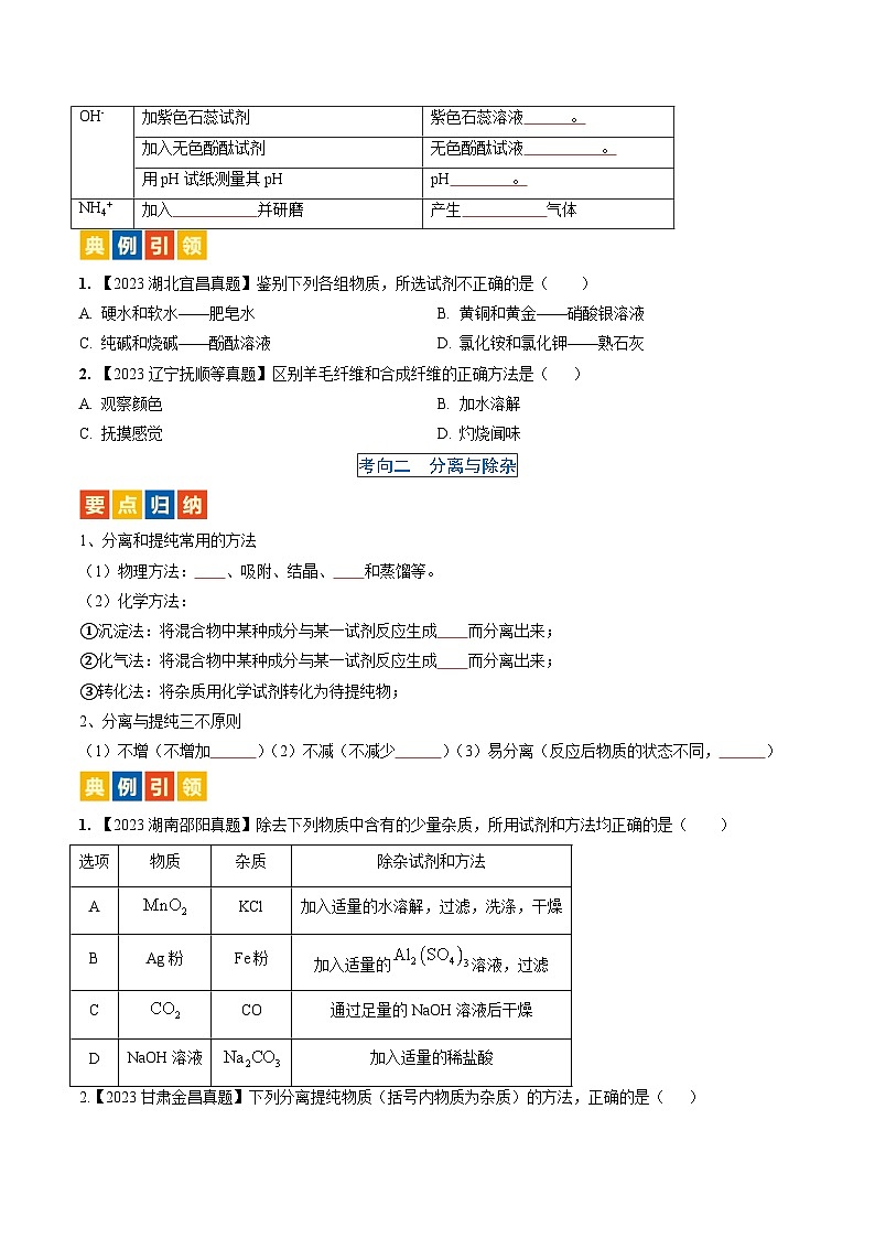 微专题6 物质的检验与鉴别、分离与除杂、共存-备战2024年中考化学一轮复习考点（人教版）02