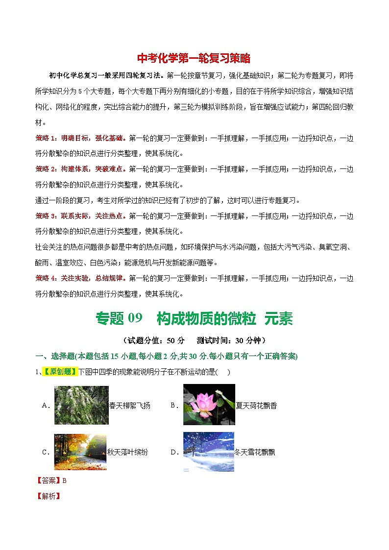专题09 构成物质的微粒 元素（测试）-2024年中考化学一轮复习讲练测（全国通用）（解析版）第1页