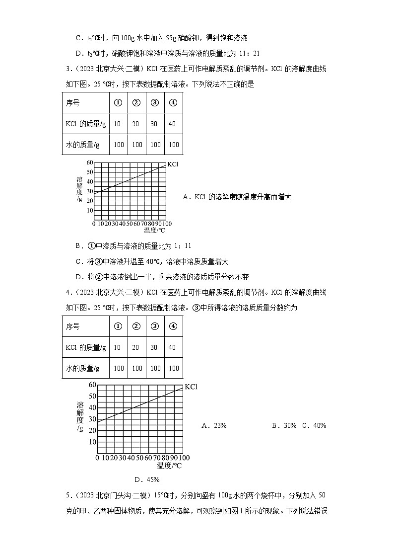 北京市三年（2021-2023）中考化学模拟题分类汇编-37固体溶解度的应用第2页