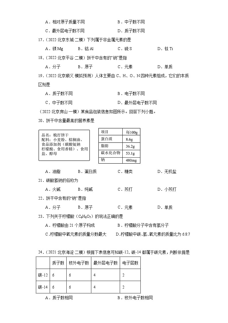 北京市三年（2021-2023）中考化学模拟题分类汇编-13元素第3页