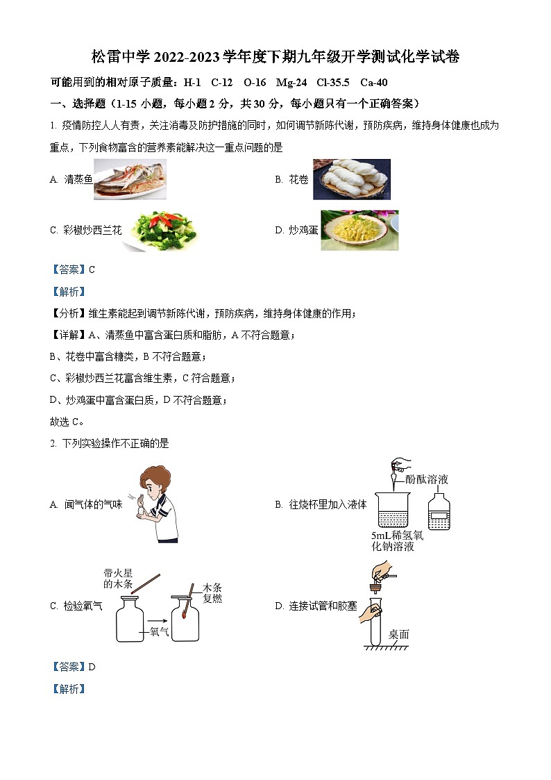 精品解析：黑龙江省哈尔滨市南岗区松雷中学2022-2023学年九年级上学期开学测试化学试卷（解析版）第1页