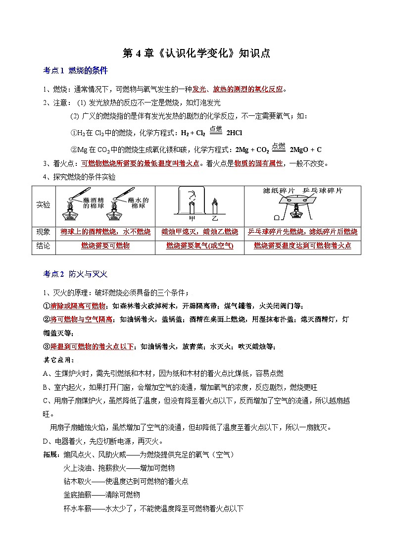 沪教版九年级上册化学第4章《认识化学变化》知识点讲义第1页