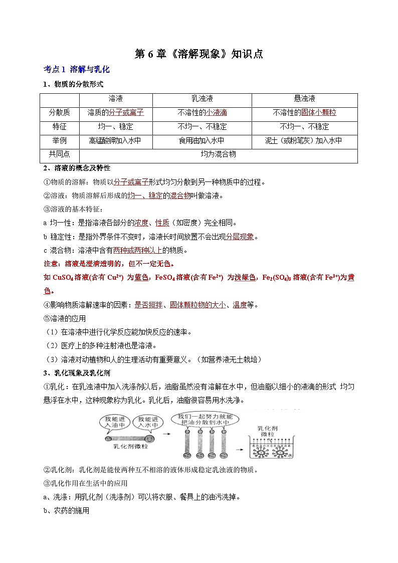 沪教版九年级上册化学第6章《溶解现象》知识点讲义第1页