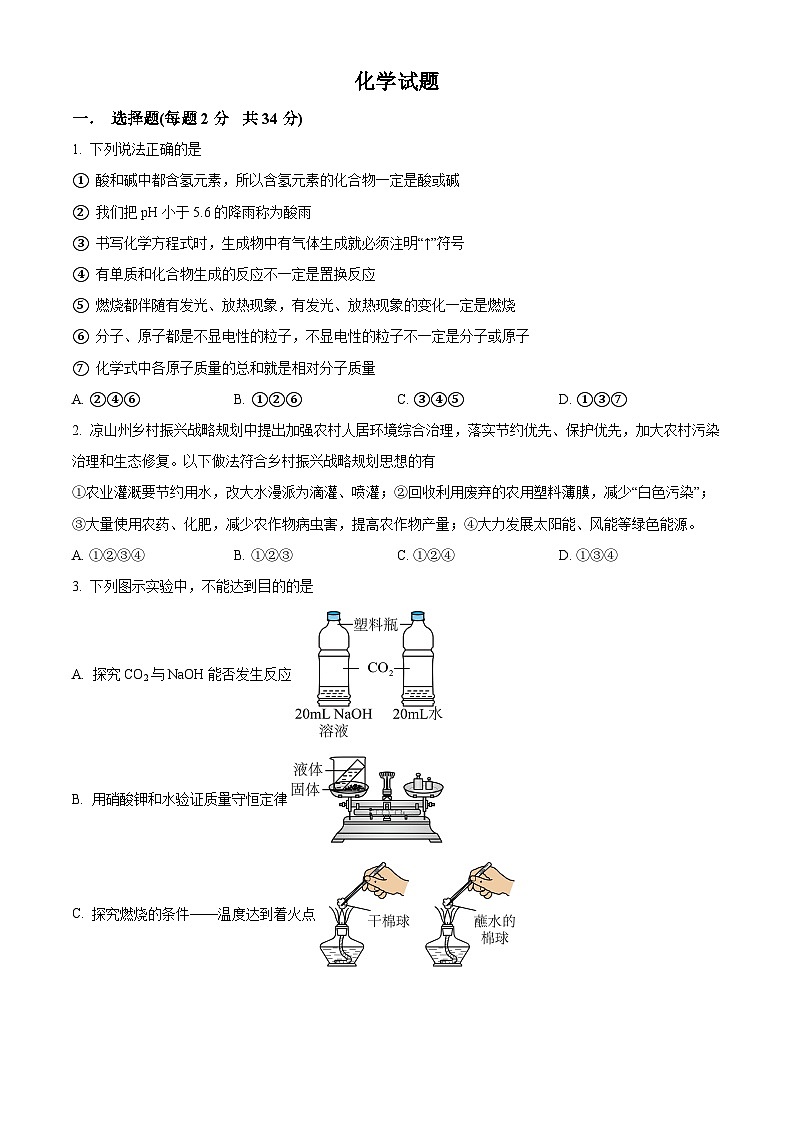 精品解析：山东省枣庄市薛城区舜耕中学2023-2024学年九年级下学期第二次学情诊断化学试题（原卷版）第1页