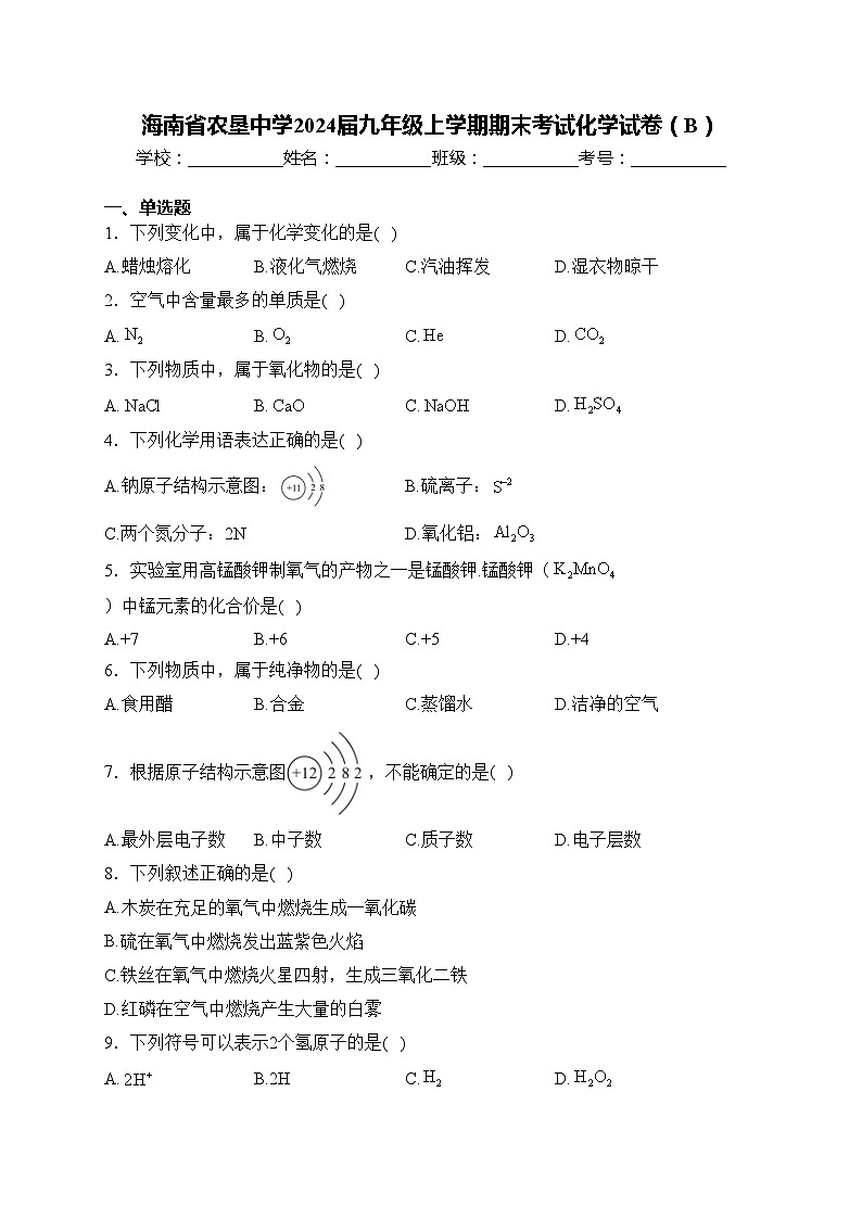 海南省农垦中学2024届九年级上学期期末考试化学试卷（B）(含答案)第1页