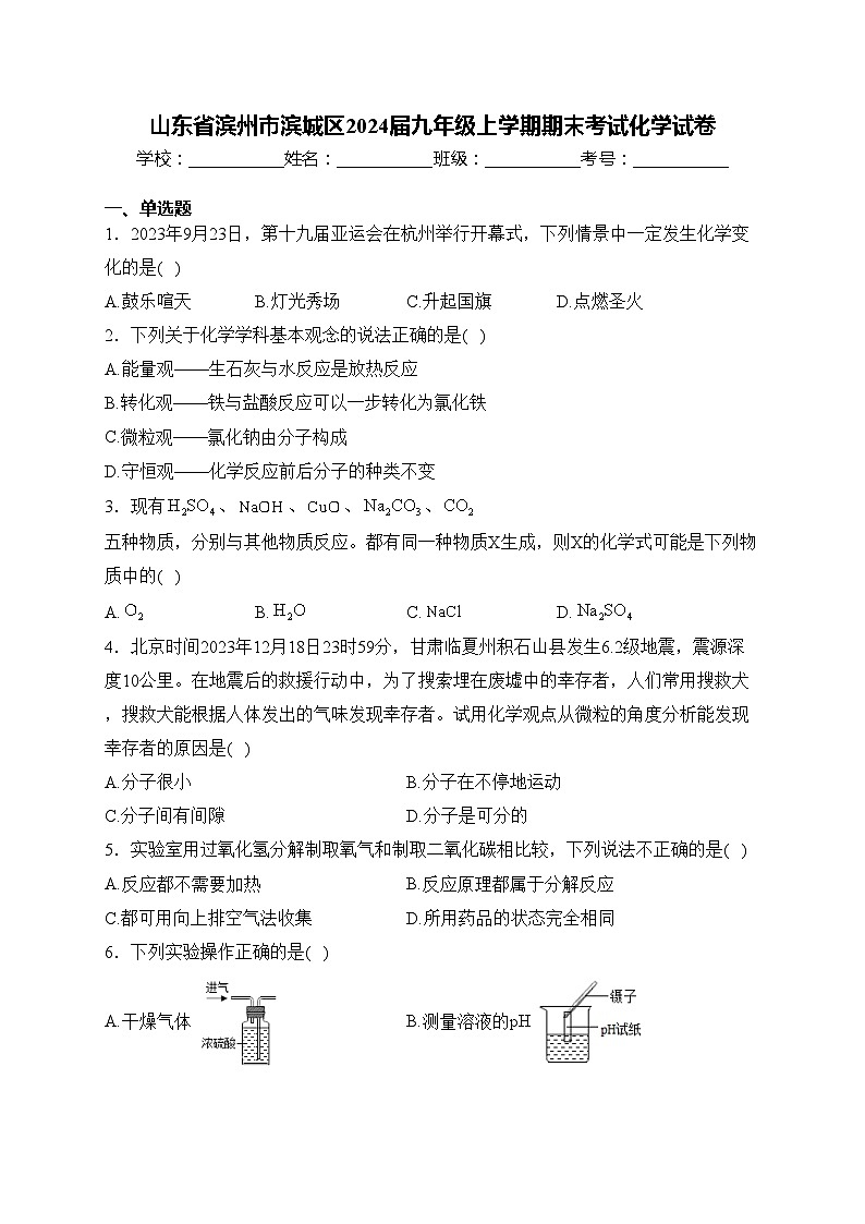 山东省滨州市滨城区2024届九年级上学期期末考试化学试卷(含答案)第1页