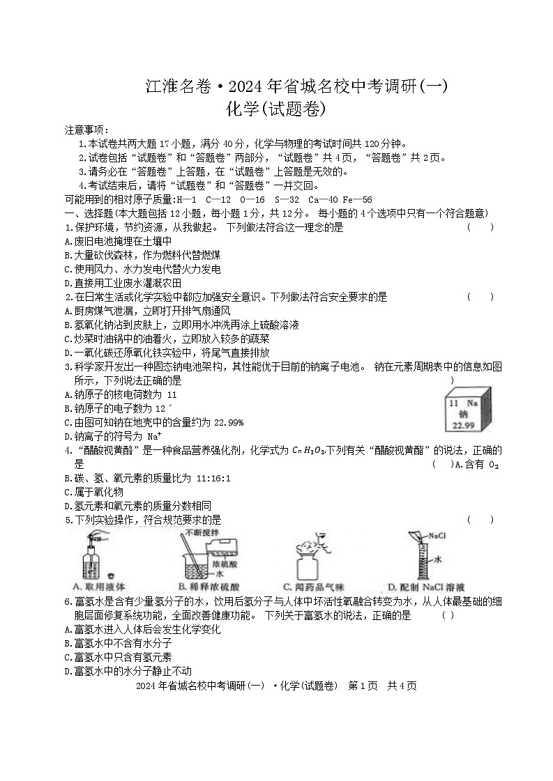 2024年安徽省阜阳市重点中学中考一模化学试题+第1页