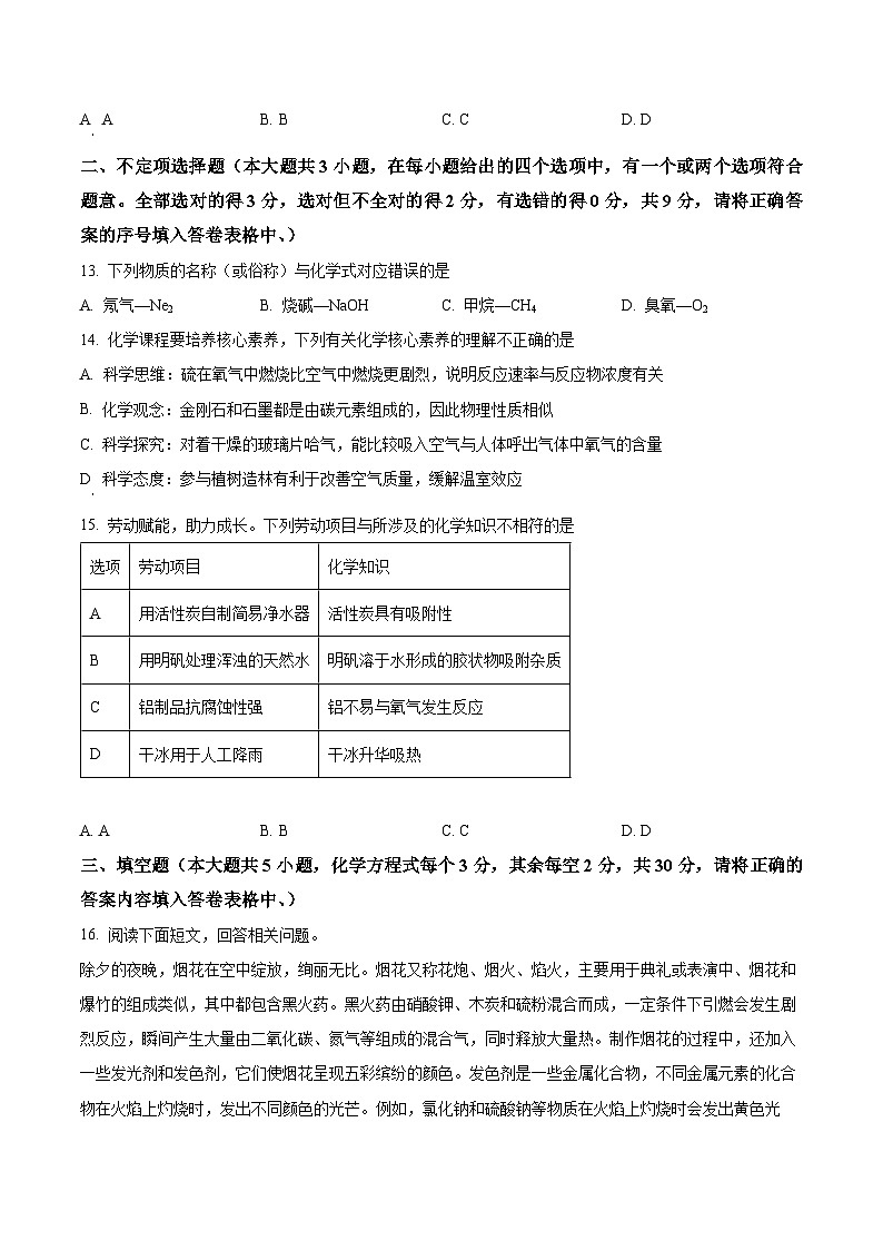 湖南省周南教育集团2023-2024学年九年级下学期学科素质诊断 （一）化学试题（原卷版+解析版）03