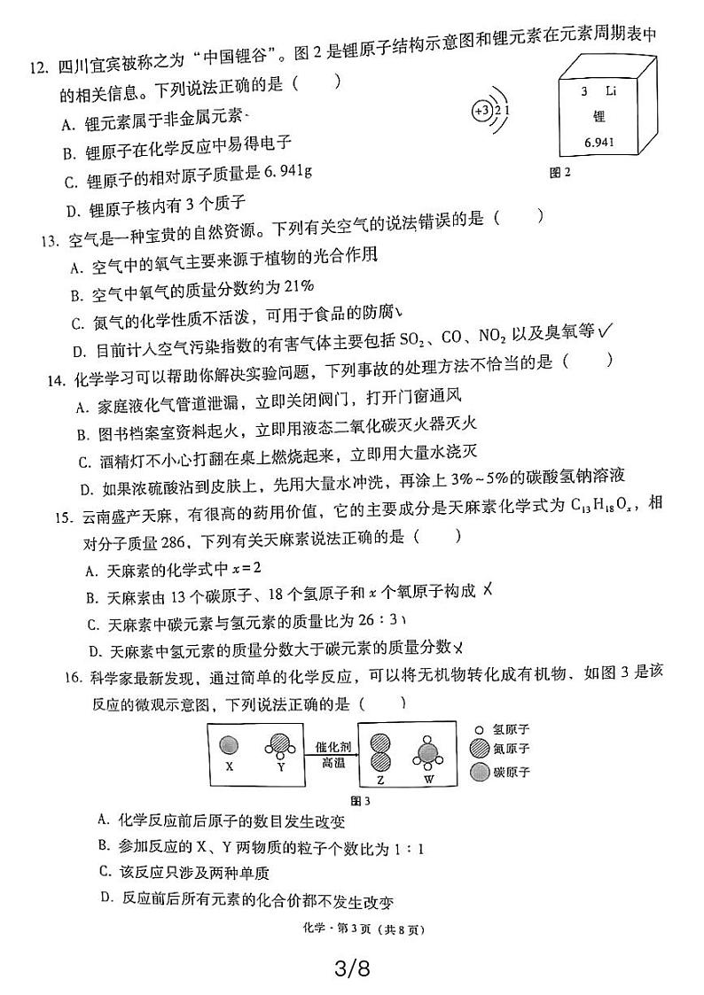 云南师大附中呈贡学校2023-2024学年九年级下学期月考（五）化学试卷第3页