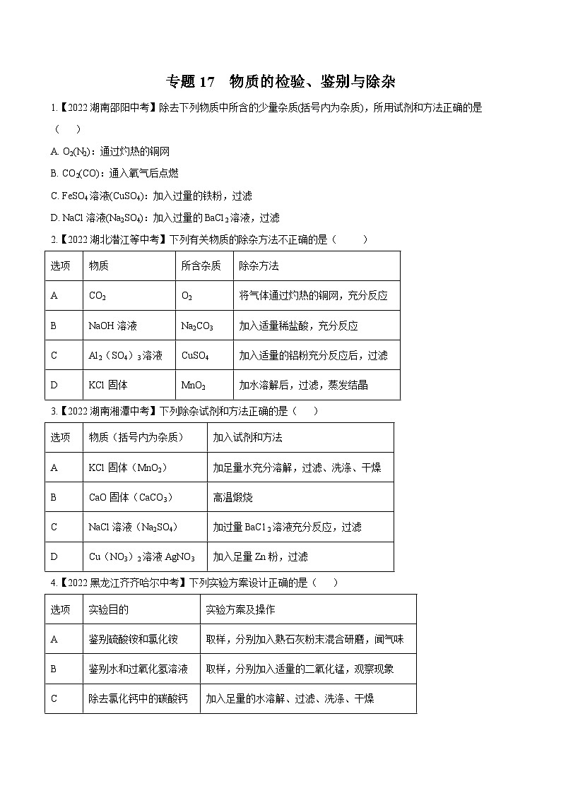 中考化学真题分项汇编(全国通用)(第02期)专题17物质的检验、鉴别与除杂(原卷版+解析)01