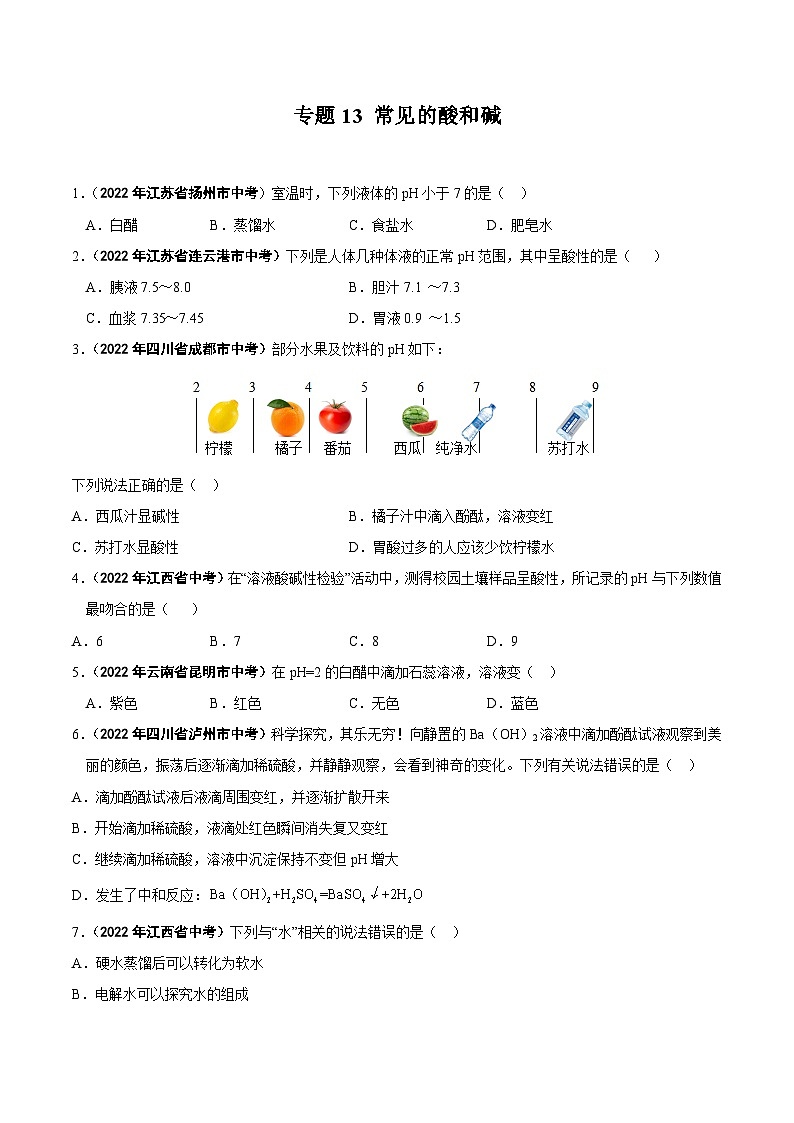 中考化学真题分项汇编(全国通用)(第01期)专题13常见的酸和碱(原卷版+解析)01