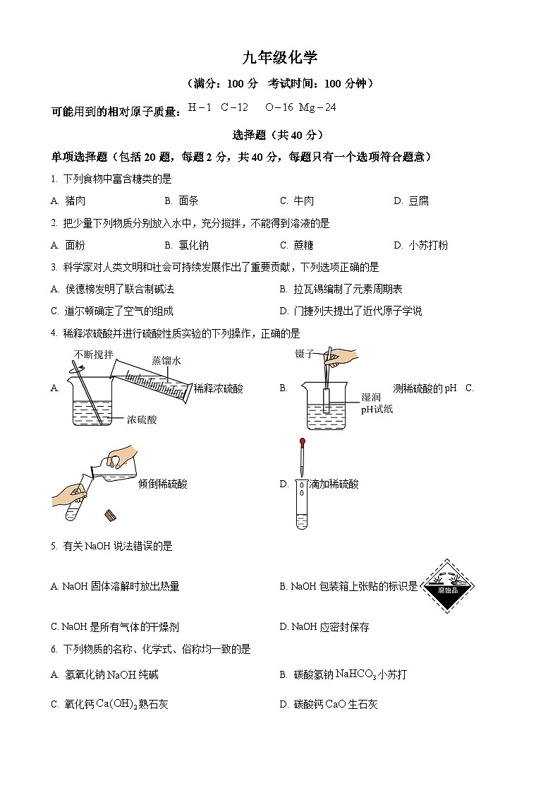 精品解析：江苏省苏州高新区第一初级中学2023-2024学年九年级下学期3月月考化学试题（原卷版）第1页
