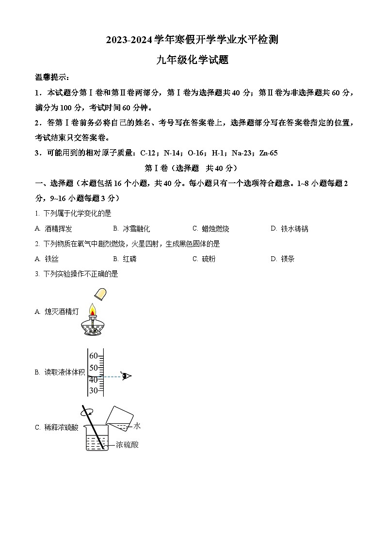 精品解析：山东省临清市新华路街道办事处中学2023-2024学年下学期开学摸底调查问卷九年级化学试题（原卷版）第1页