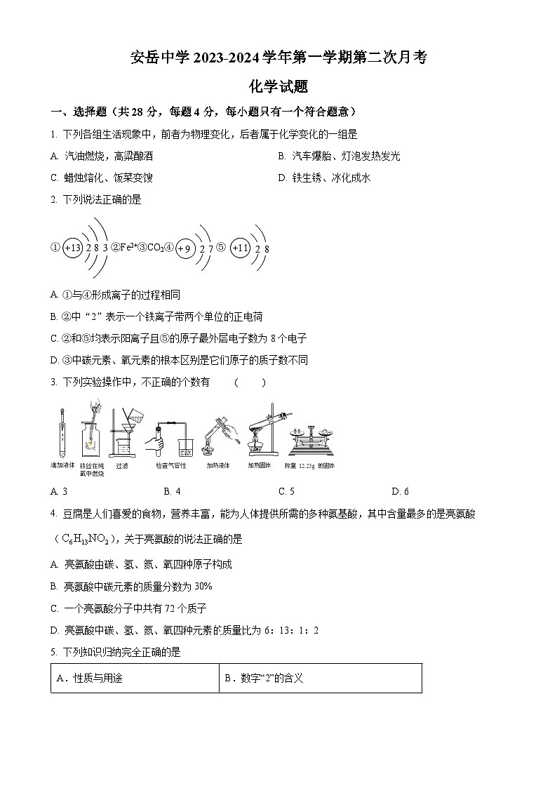 四川省资阳市安岳县安岳中学九年级2023-2024学年上学期第二次月考（期中）化学试题01
