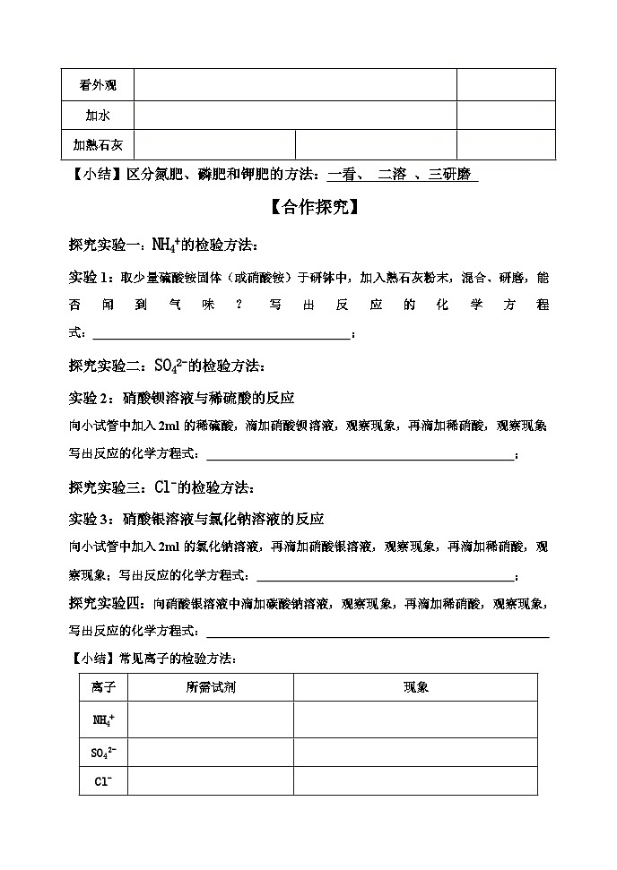第十一单元课题2化学肥料 导学案  九年级化学人教版下册第2页