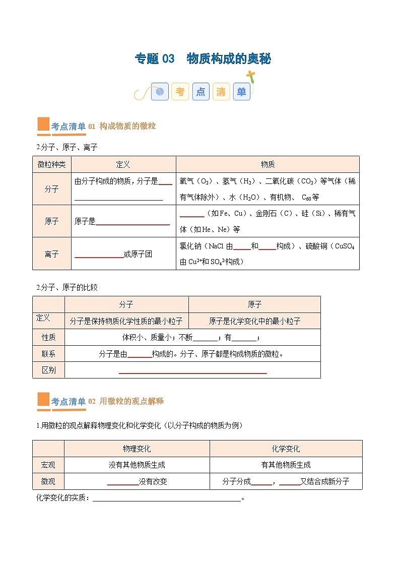 专题03 物质构成的奥秘【考点清单】-2023-2024学年化学九年级上册期中考点大串讲（人教版）01