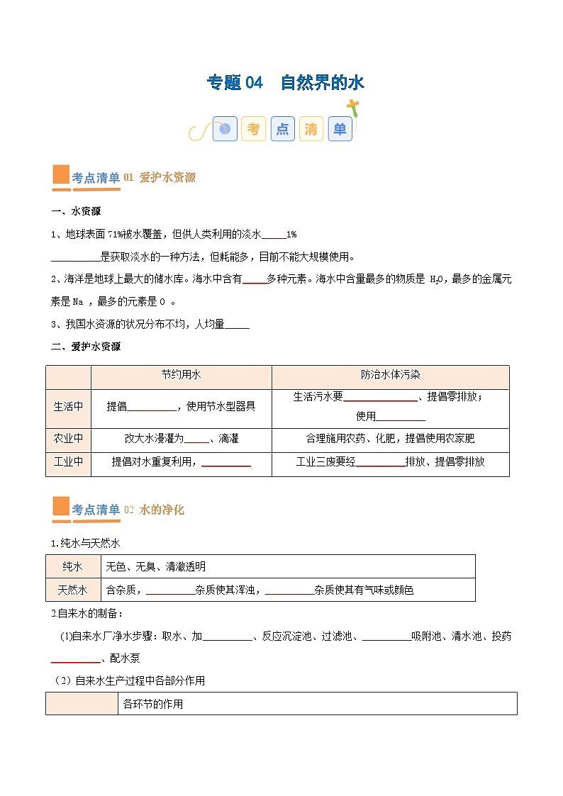 专题04 自然界的水【考点清单】-2023-2024学年化学九年级上册期中考点大串讲（人教版）01