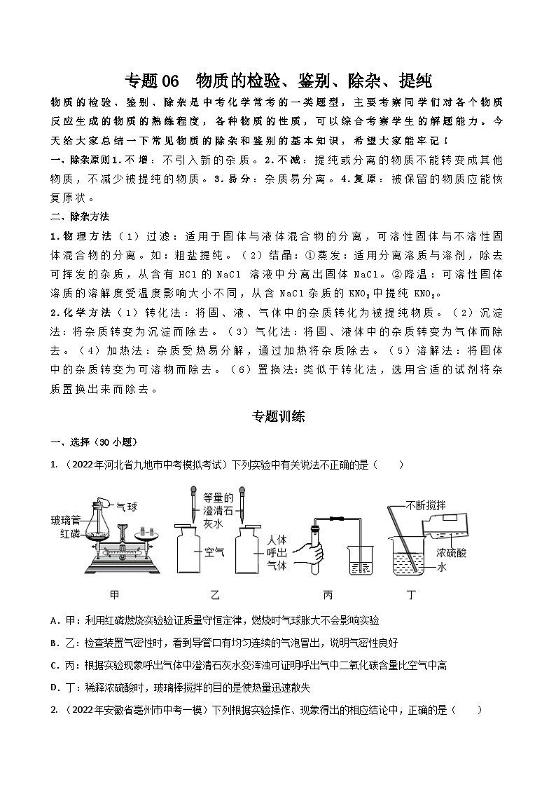 专题06  物质的检验、鉴别、除杂、提纯 （原卷版）第1页