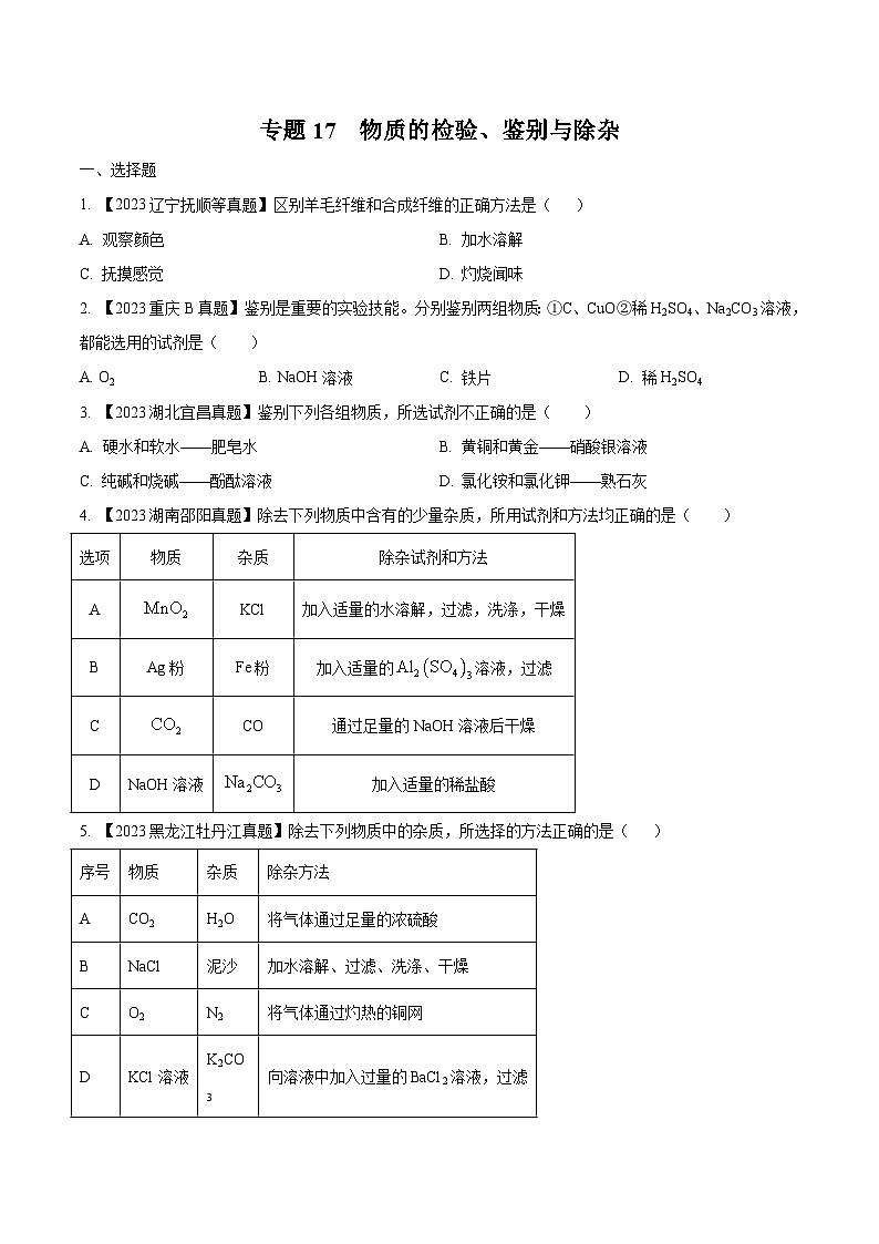 专题17 物质的检验、鉴别与除杂：三年（2021-2023）中考化学真题分项汇编（全国通用）01