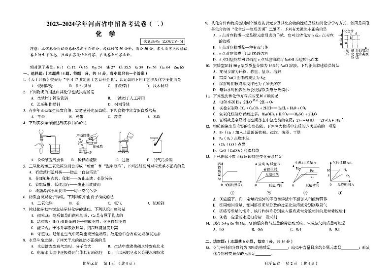 2023-2024学年河南省郑州外国语九年级中考一模化学试卷及答案01