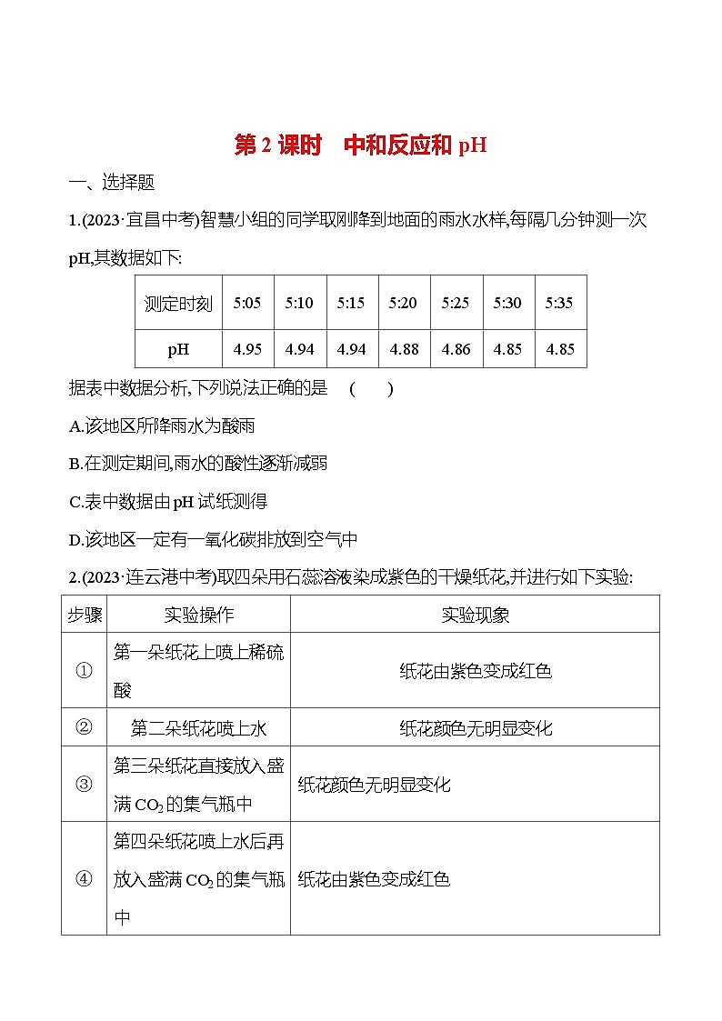 2023-2024 人教版化学 中考一轮复习 第十单元  第2课时　中和反应和pH 提高练习 （学生版）第1页