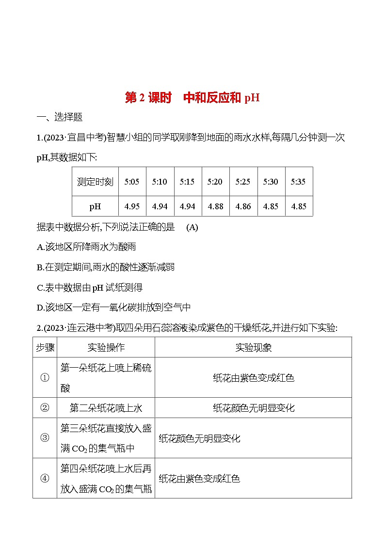 2023-2024 人教版化学 中考一轮复习 第十单元  第2课时　中和反应和pH 提高练习 （教师版）第1页
