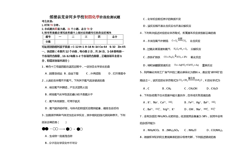 黑龙江省绥化市绥棱县克音河乡学校2023-2024学年九年级下学期3月月考化学试题第1页