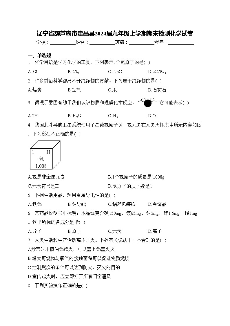 辽宁省葫芦岛市建昌县2024届九年级上学期期末检测化学试卷(含答案)01