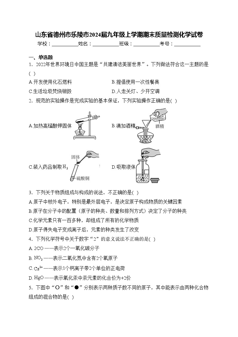 山东省德州市乐陵市2024届九年级上学期期末质量检测化学试卷(含答案)01