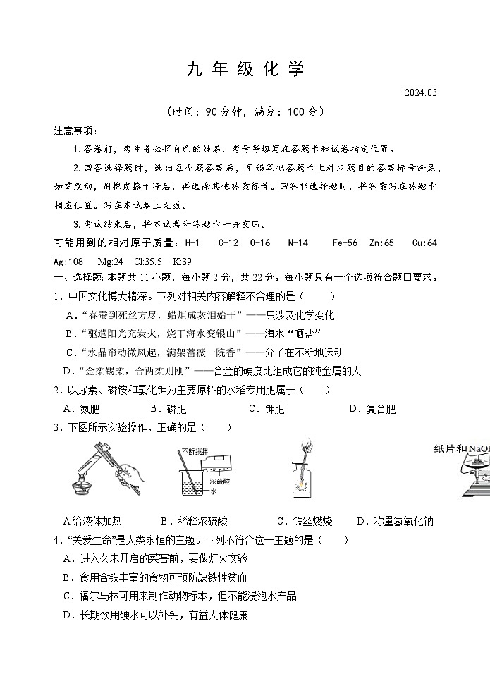 山东省潍坊市高密市2023-2024学年九年级下学期3月月考化学试题01