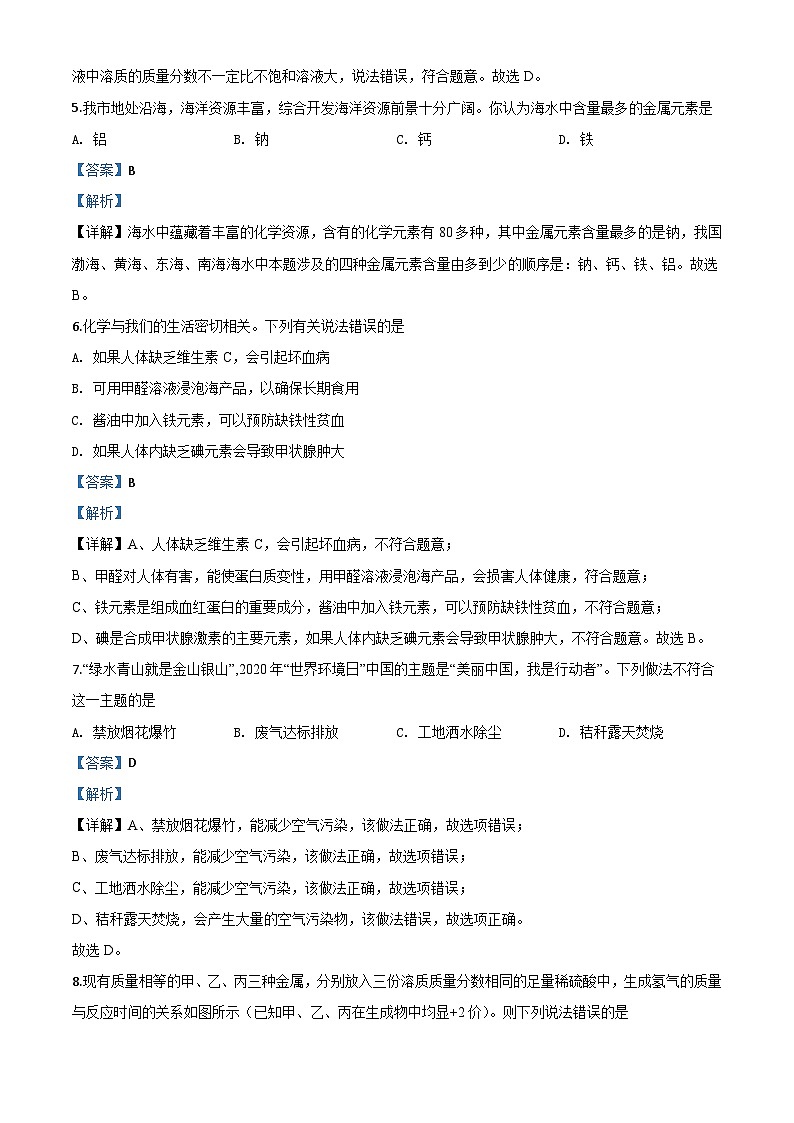 山东省滨州市2020年中考化学试题（含解析）03