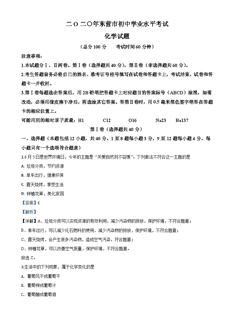 山东省东营市2020年中考化学试题（含解析）01