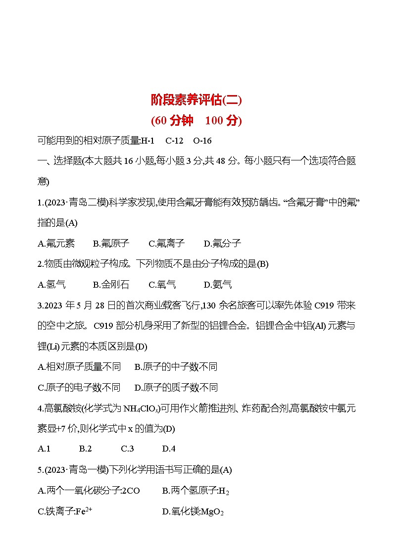 2023-2024 人教版化学 山东中考一轮复习 阶段素养评估(二) 试卷（教师版）第1页