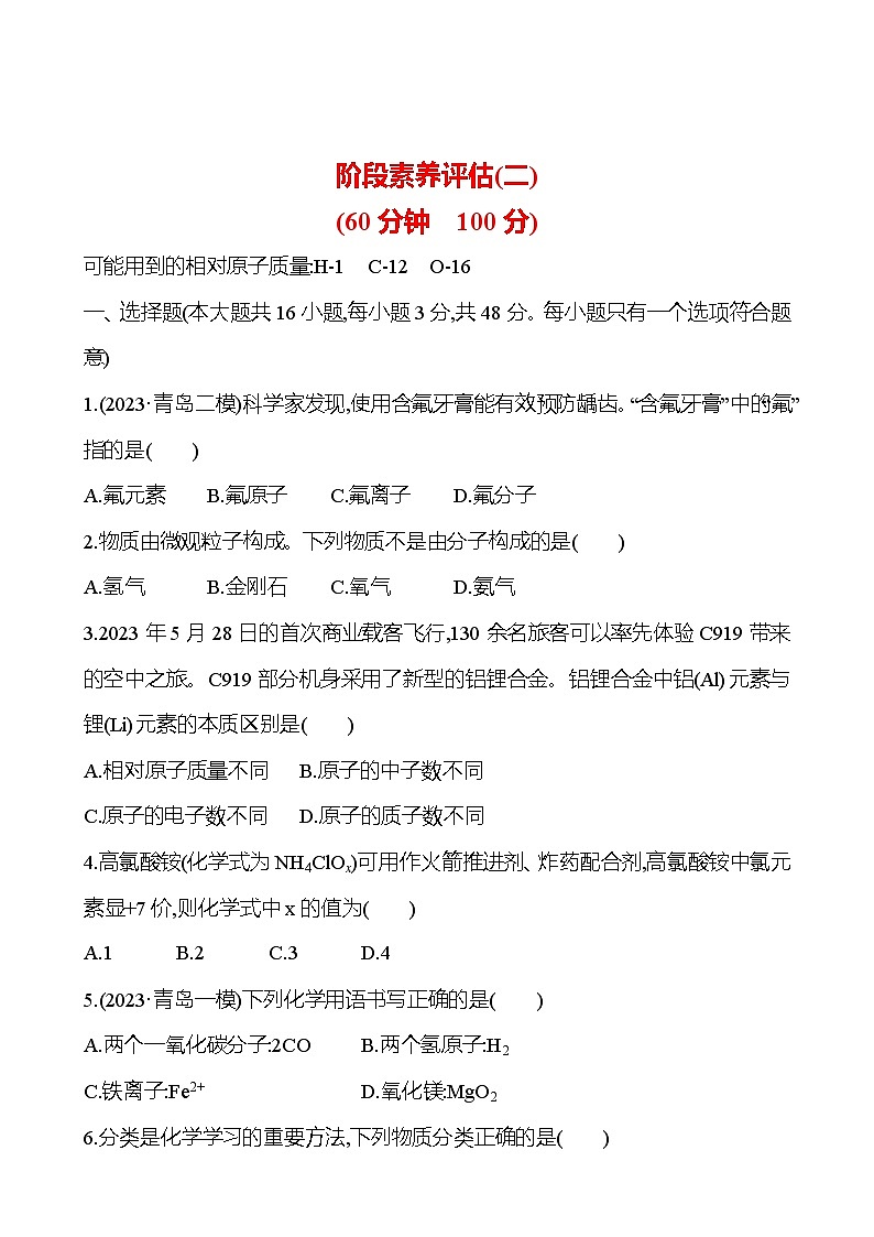 2023-2024 人教版化学 山东中考一轮复习 阶段素养评估(二) 试卷（学生版）第1页