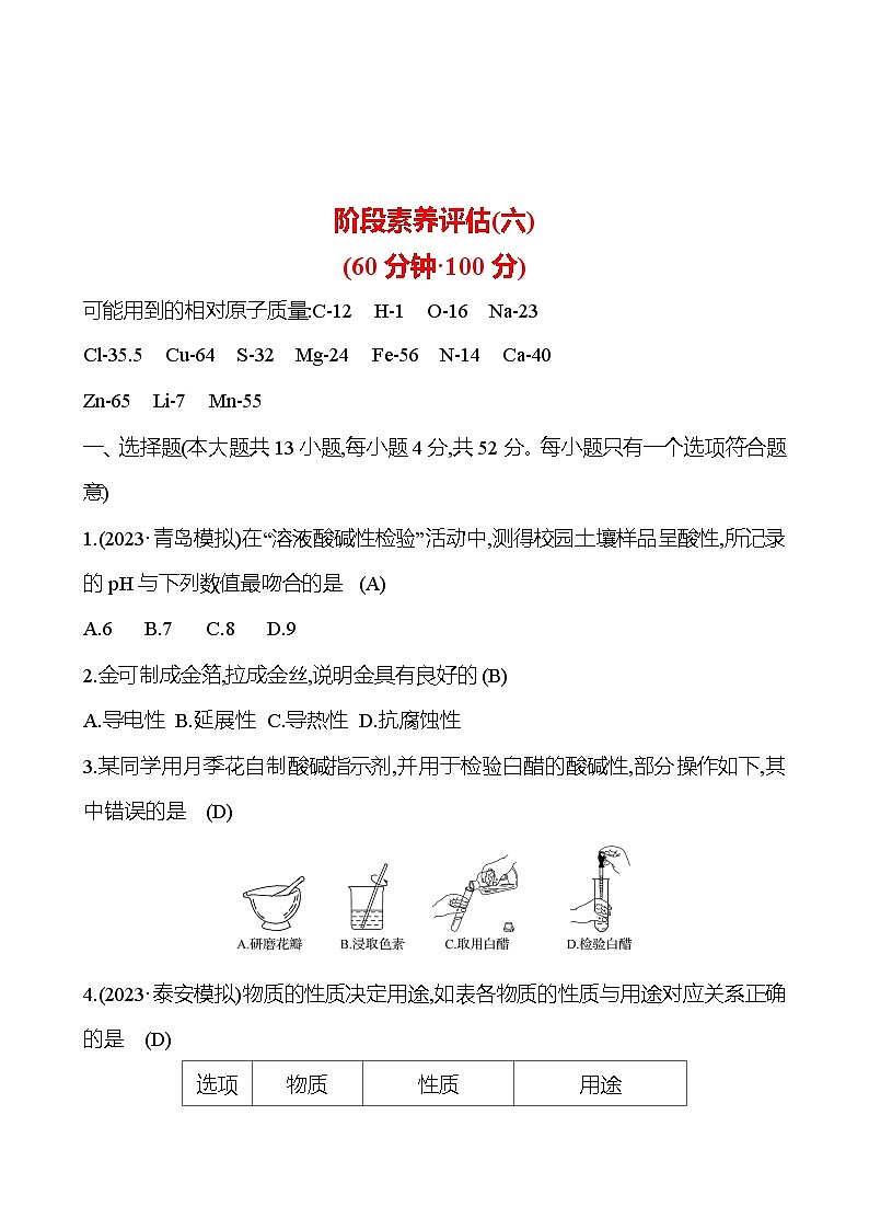2023-2024 人教版化学 山东中考一轮复习 阶段素养评估(六) 试卷（教师版）第1页