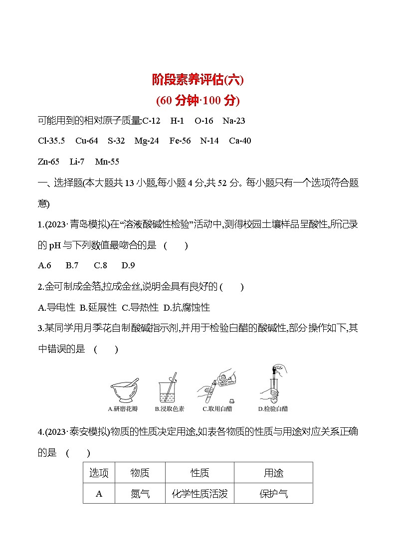 2023-2024 人教版化学 山东中考一轮复习 阶段素养评估(六) 试卷（学生版）第1页