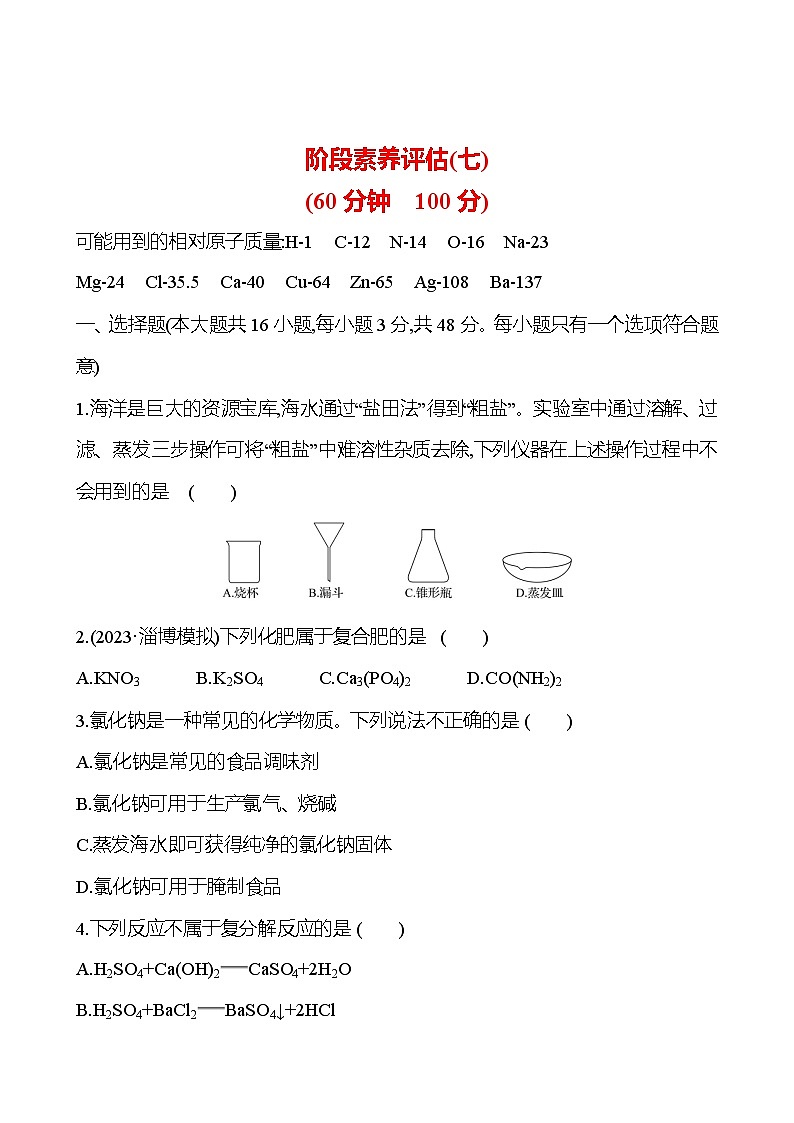 2023-2024 人教版化学 山东中考一轮复习 阶段素养评估(七) 试卷（学生版）第1页