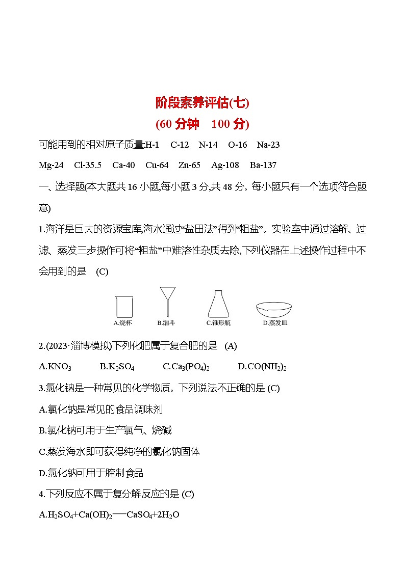 2023-2024 人教版化学 山东中考一轮复习 阶段素养评估(七) 试卷（教师版）第1页