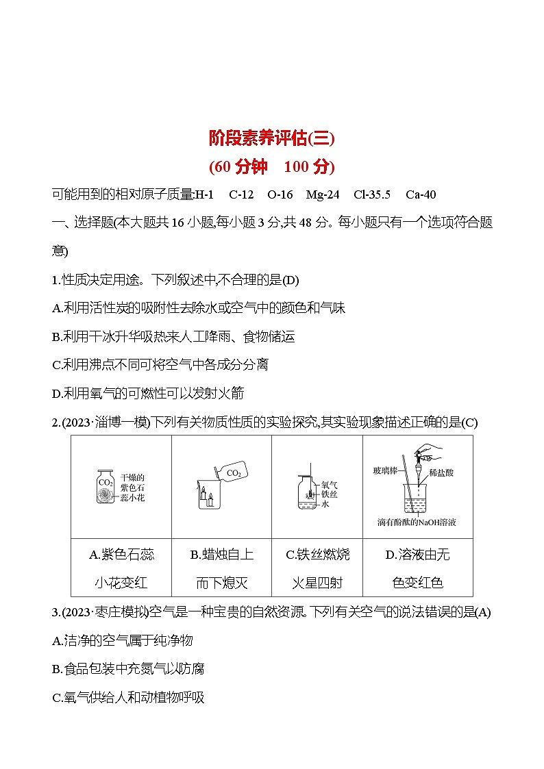 2023-2024 人教版化学 山东中考一轮复习 阶段素养评估(三) 试卷（教师版）第1页