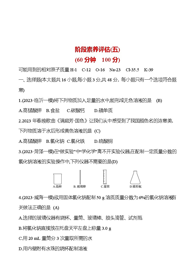 2023-2024 人教版化学 山东中考一轮复习 阶段素养评估(五) 试卷（教师版）第1页