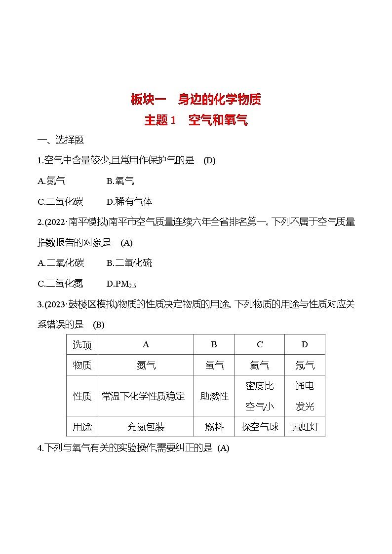 2023-2024 人教版化学 福建中考一轮复习 板块一　主题1　空气和氧气 专题练习（教师版）第1页