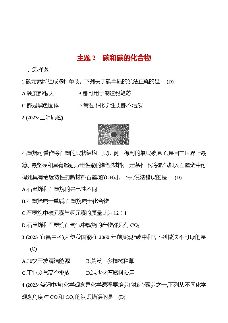 2023-2024 人教版化学 福建中考一轮复习 板块一　主题2　碳和碳的化合物 专题练习（教师版）第1页